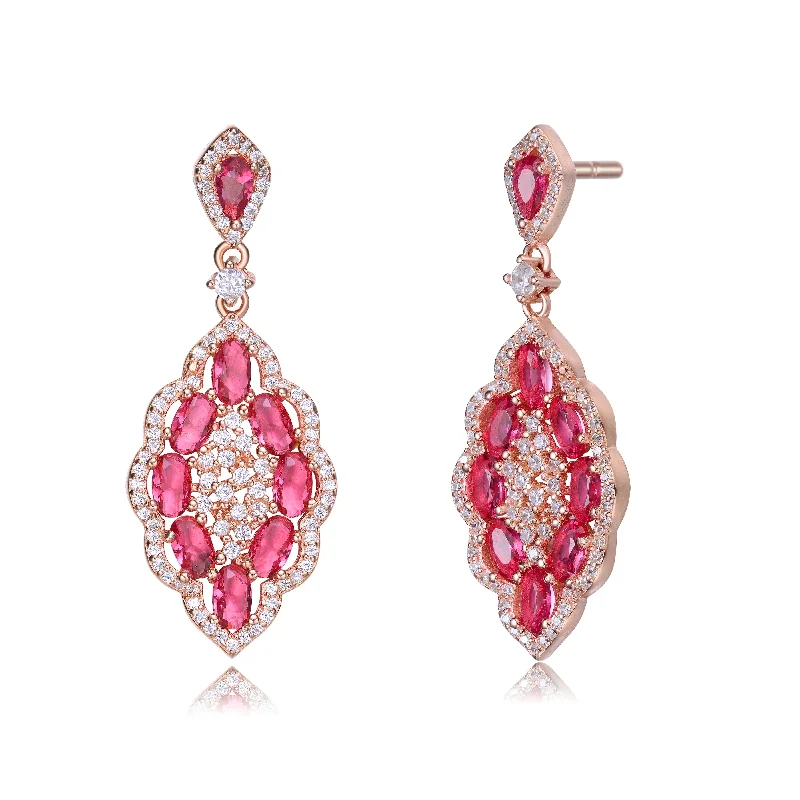 Drop Earrings with Filigree Work -Ga Rose Gold Plated Clear And Red Cubic Zirconia Accent Dangle Earrings