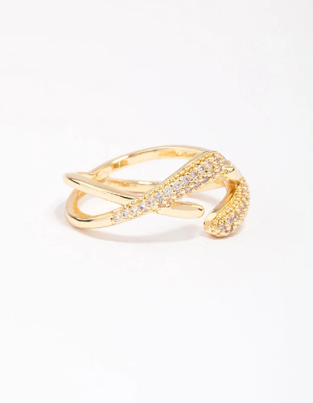 Rings with wide bands for statement wear -Gold Plated Pave Interlaced Ring