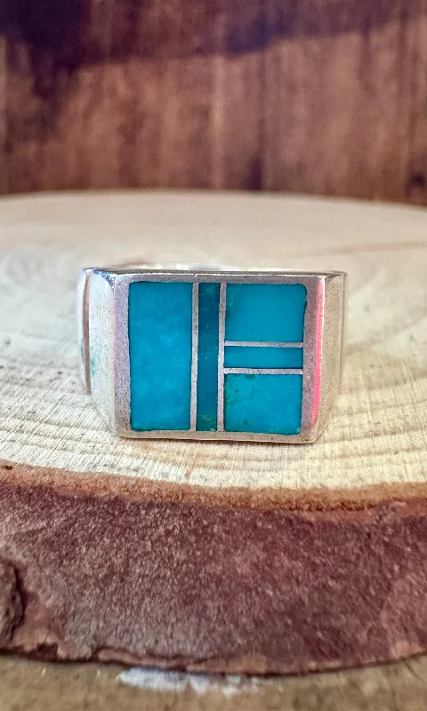 Rings with aquamarine stones for ocean charm -OCEAN BLUE Turquoise & Sterling Silver Geometric Inlay Mens Ring • Size 10