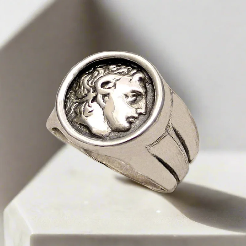 Rings with rough sapphire for rugged chic -Alexander the Great Portait Coin Ring in Sterling Silver (DT-103)