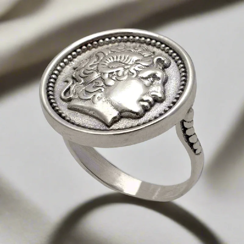 Rings with delicate filigree sapphire settings -Alexander the Great Portrait Coin Ring in Sterling Silver (DT-109)