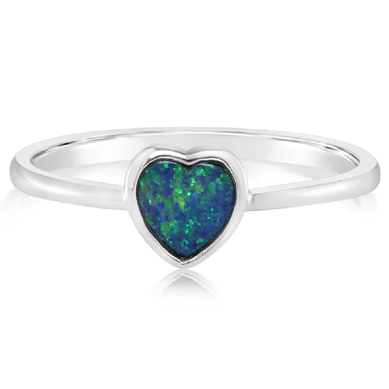 Simple rings with polished black onyx shine -14K White Gold Australian Opal Doublet Ring