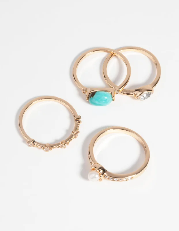 Chunky rings with hammered gold band texture -Gold Pearl and Semi-Precious Ring Pack