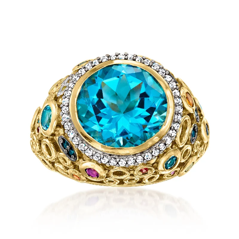 Bold rings with oversized amethyst gemstones -Ross-Simons Swiss Blue Topaz and Multi-Gemstone Ring in 18kt Gold Over Sterling