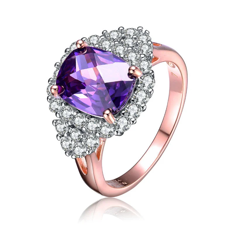 Rings with bold ruby stones for drama -GENEVIVE Sterling Silver Rose Gold Plated Amethyst Cubic Zirconia Pave Cocktail Ring