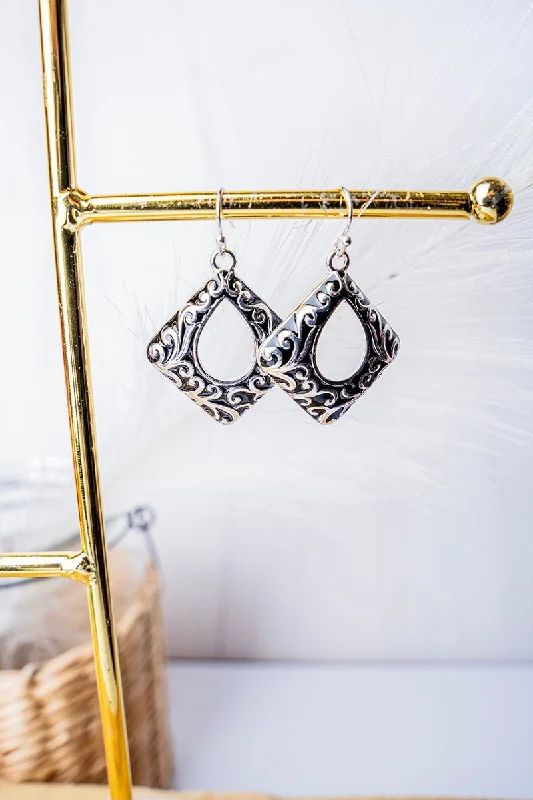 Large Drop Earrings for Statement -SALE! Meri Silvertone Scroll Earrings