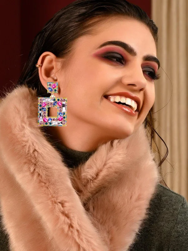 Diamond Drop Earrings for Luxury -Odette Women Multicolour Sqaure Metal Drop Earrings