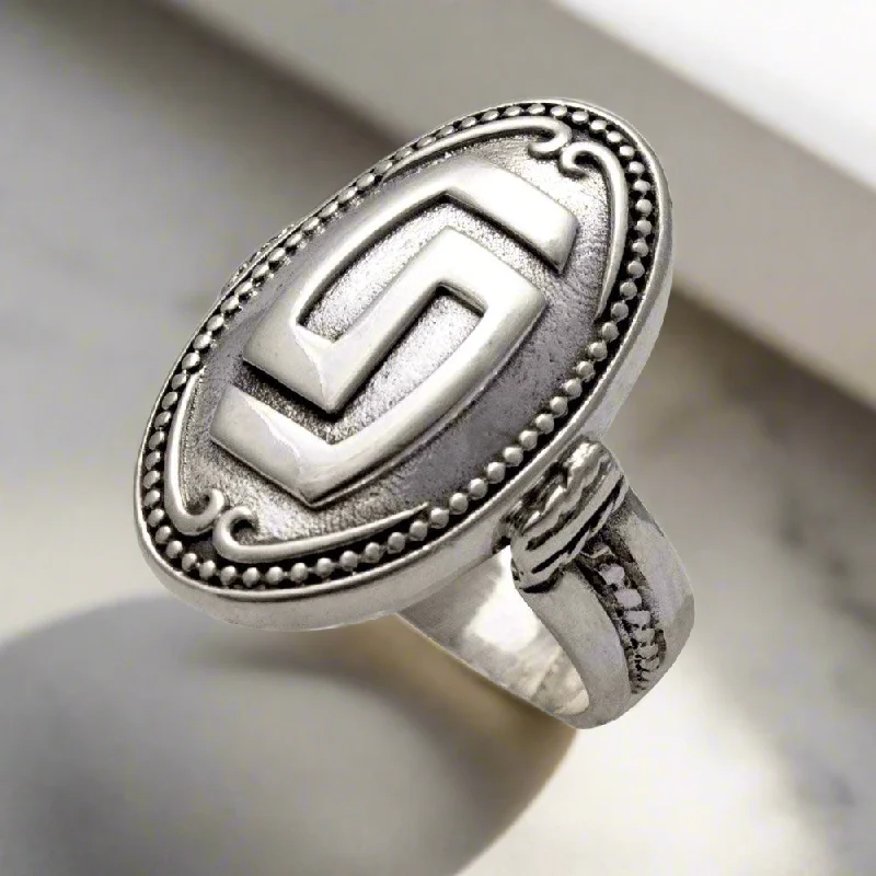 Rings with floral halo diamond arrangements -Greek Key Meander Ring in Sterling Silver (DT-66)