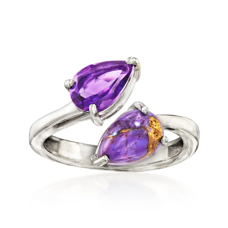 Rings with pave-set gemstones for brilliance -Ross-Simons Purple Turquoise and Amethyst Bypass Ring in Sterling Silver