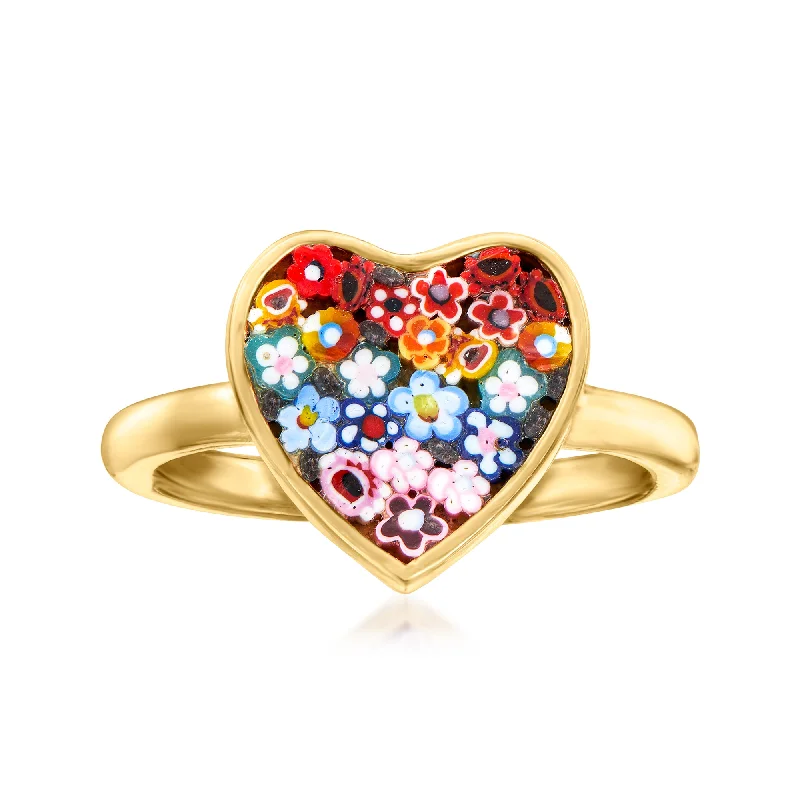 Rings with raw jade for natural calm -Ross-Simons Italian Multicolored Murano Glass Mosaic Floral Heart Ring in 18kt Gold Over Sterling