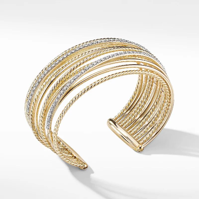 Bracelets with black diamond for bold edge -Crossover Cuff Bracelet in 18K Yellow Gold with Diamonds, Size Small