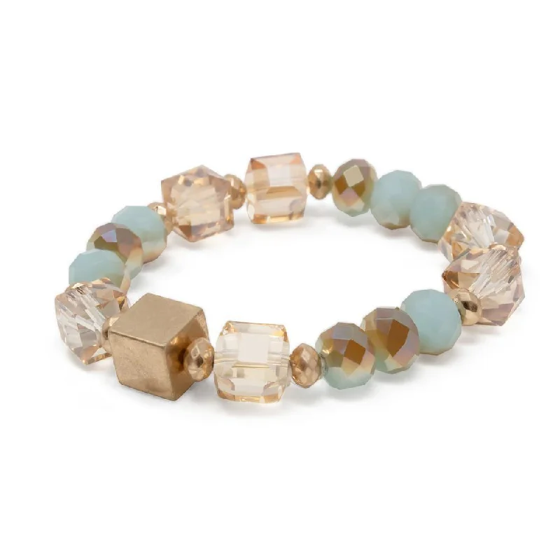 Bracelets with crescent moon for lunar appeal -Green Glass Beaded Stretch Bracelet with Gold Tone Cube