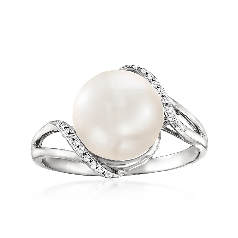 Rings with twisted rose gold band designs -Ross-Simons 10-10.5mm Cultured Pearl Wave Ring With Diamonds in 14kt White Gold