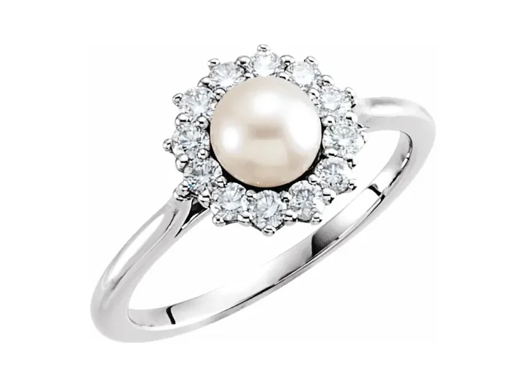 Simple rings with polished black onyx shine -Pearl Ring with Diamond Halo