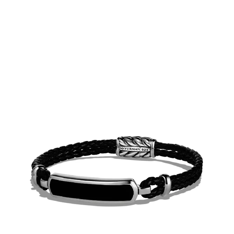 Bangles with herkimer diamonds for raw clarity -Station Black Leather Bracelet with Black Onyx, Size Medium