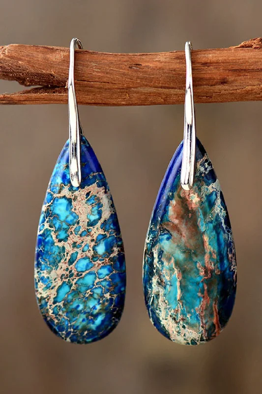 Silver Drop Earrings for Men -Handmade Teardrop Shape Natural Stone Dangle Earrings