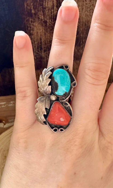 Bold rings with oversized amethyst gemstones -DOUBLE DECKER Silver Coral & Turquoise Ring • Size 4 1/4