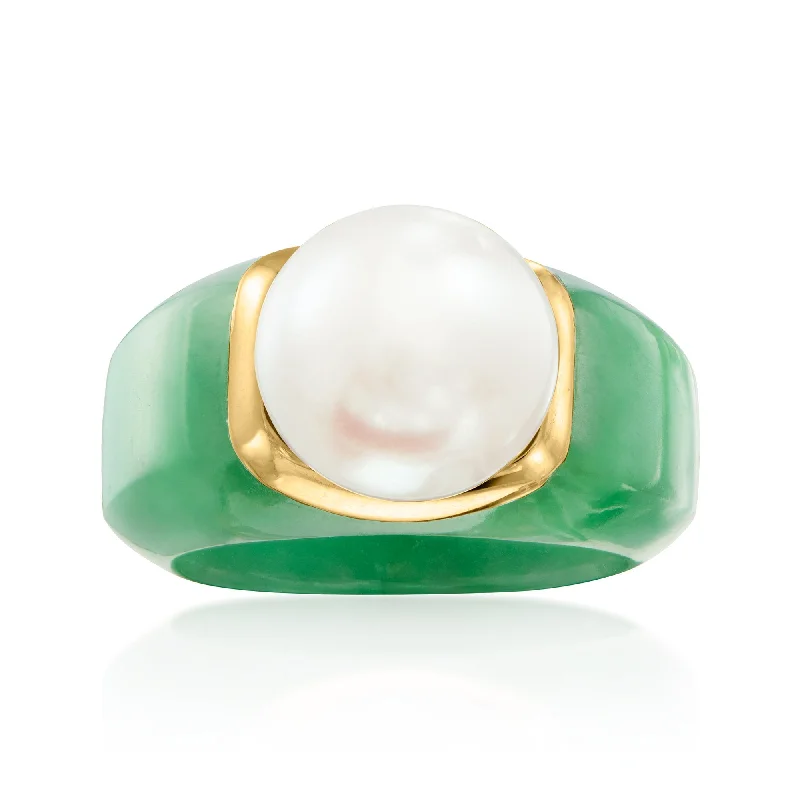 Rings with crescent moon for lunar charm -Ross-Simons 11.5-12mm Cultured Pearl and Jade Ring With 14kt Yellow Gold