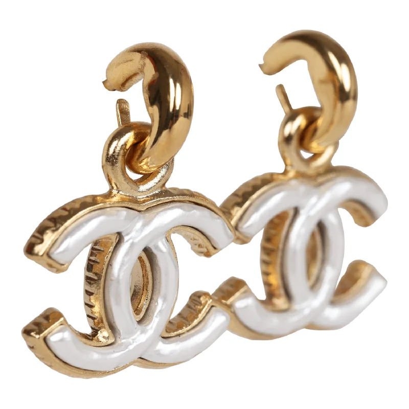 Vintage Drop Earrings with Patina -Chanel Dangle Pearl CC Earrings Faux Pearl & Gold Metal