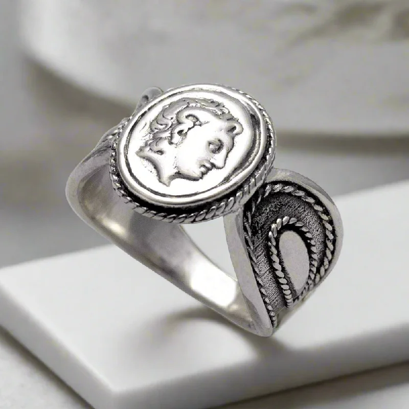 Rings with pave ruby for dazzling sparkle -Alexander the Great Portrait Coin Ring in Sterling Silver (DT-106)