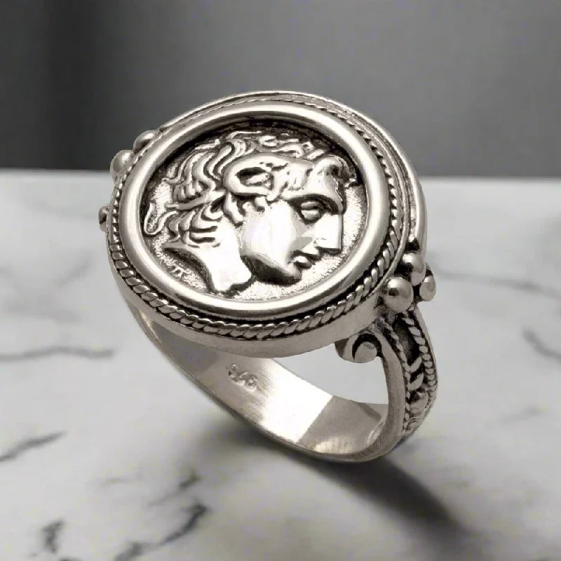 Rings with tiger eye bands for warmth -Alexander the Great Portrait Coin Ring in Sterling Silver (DT-108)