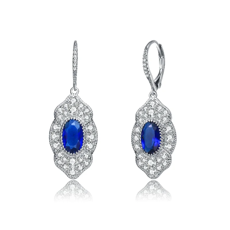 Drop Earrings with Leaf Motifs -GENEVIVE Sterling Silver Sapphire Cubic Zirconia Pave Drop Earrings