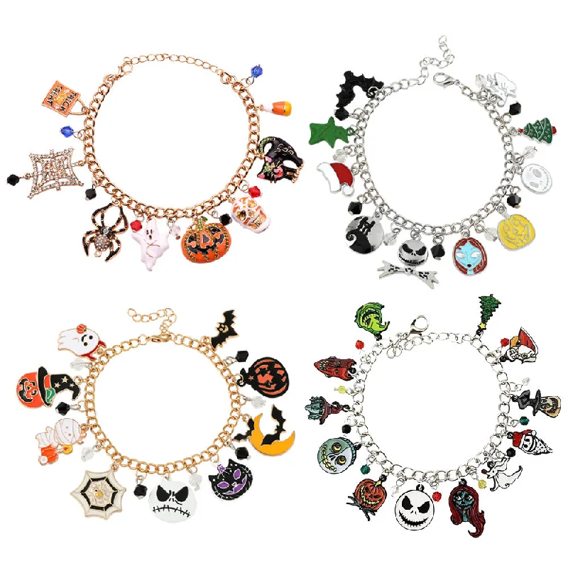 Bracelets with emerald stones for green luxury -Wholesale 2PCS Halloween Pumpkin Head Spider Bat Ghost Alloy Bracelet