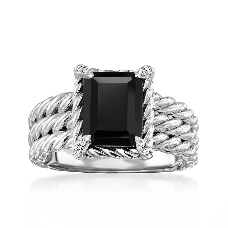 Rings with spiral designs for eye-catching twist -Ross-Simons Onyx 3-Row Ring With White Topaz in Sterling Silver