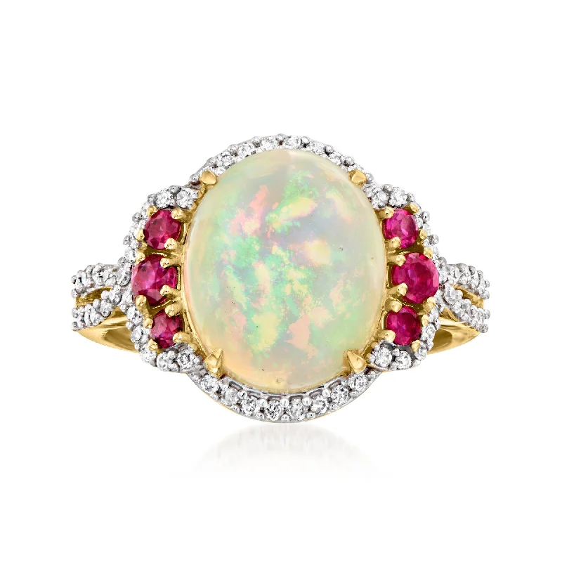 Stackable rings with mixed metal finishes -Ross-Simons Ethiopian Opal and Ruby Ring With . Diamonds in 14kt Yellow Gold