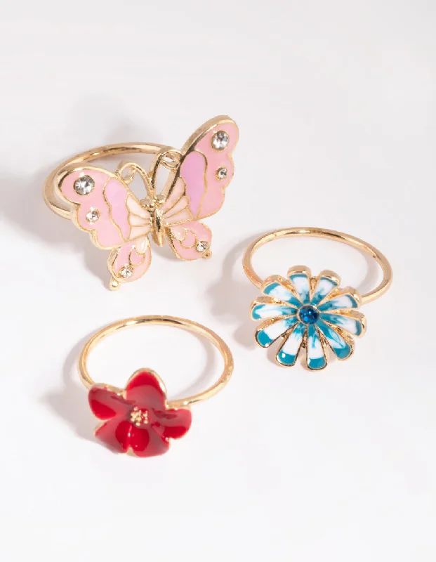 Statement rings with large geometric opal gems -Gold Butterfly and Flower Ring