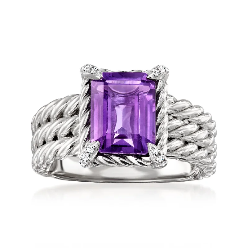 Rings with lotus flower engravings for peace -Ross-Simons Amethyst 3-Row Ring With White Topaz in Sterling Silver