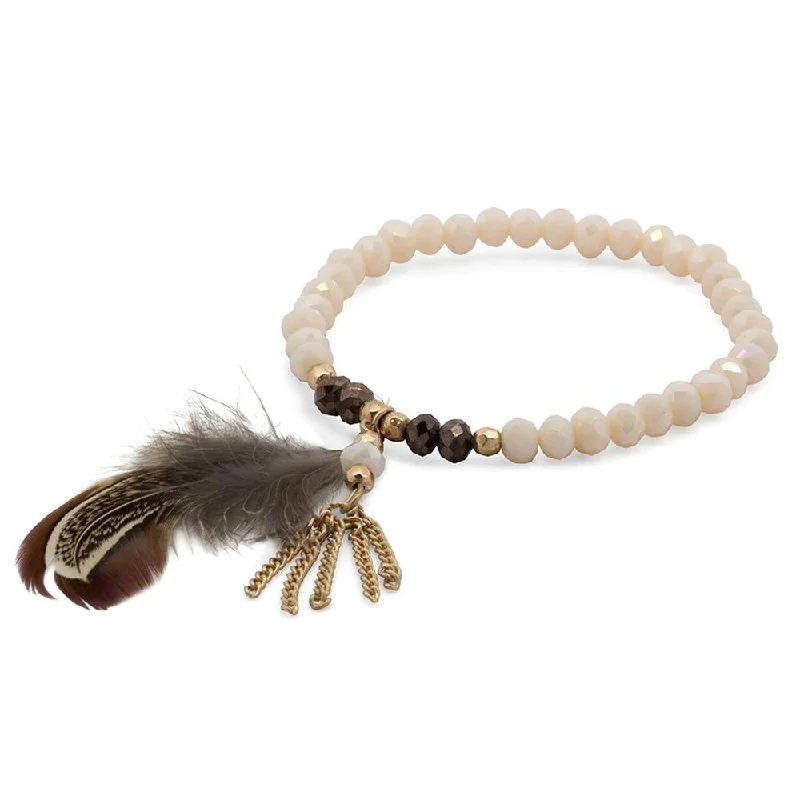 Bracelets with delicate amethyst for purple glow -Cream Glass Bead Bracelet Feather Pendant Gold Tone