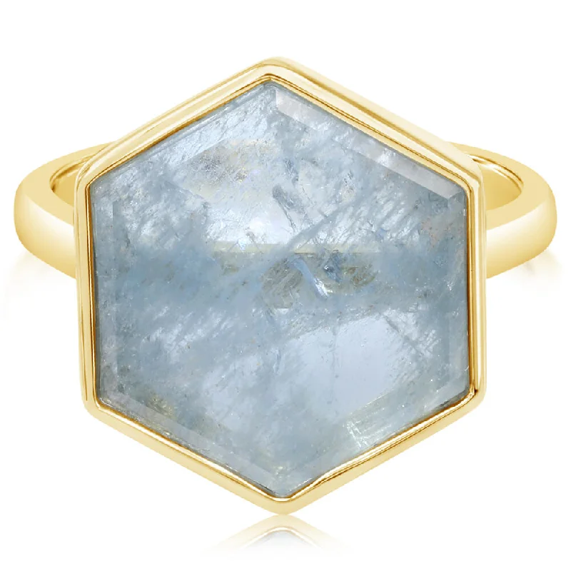 Rings with blue quartz for cool tones -14K Yellow Gold Hexagon Slice Aquamarine Ring