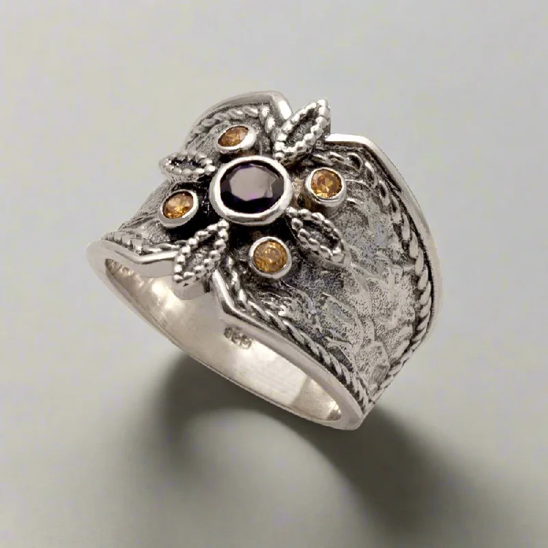 Rings with bold ruby stones for drama -Byzantine Ring in Sterling Silver with zircon (DT-08)