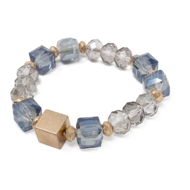 Bracelets with hematite for sleek metallic sheen -Blue Glass Beaded Stretch Bracelet with Gold Tone Cube