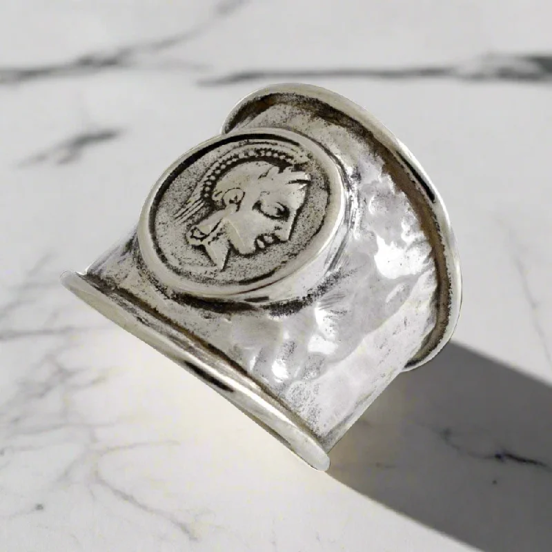 Rings with hammered silver for rustic appeal -Athena Goddess Coin Ring in Sterling Silver (DT-100)