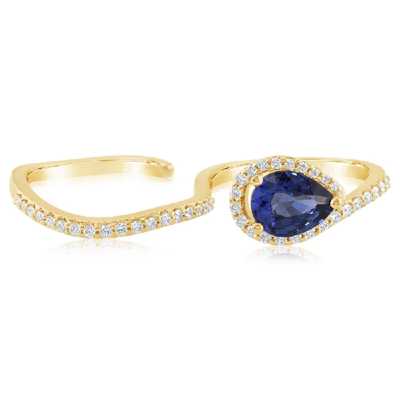 Handcrafted rings with raw emerald rough stones -18K Yellow Gold Ceylon Sapphire/Diamond Two Finger Ring