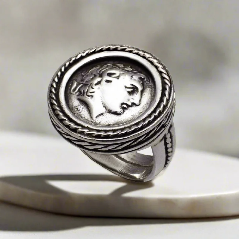 Rings with claw-set moonstone for mystique -Alexander the Great Portrait Coin Ring in Sterling Silver (DT-114)