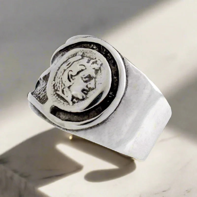 Rings with gothic rose quartz for drama -Alexander the Great Portrait Coin Ring in Sterling Silver (DT-110)