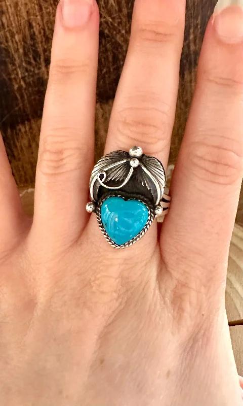 Rings with vintage-inspired rose-cut diamonds -BLUE CORAZON J. Piaso Jr Sterling Silver Turquoise Heart Ring • Sizes 8, 9 1/4