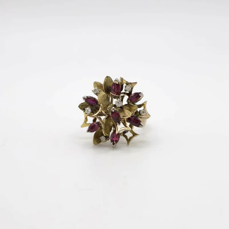 Rings with smoky quartz for muted elegance -Vintage Genuine Diamond And Ruby Mid-Century Statement Ring In 14K Yellow Gold