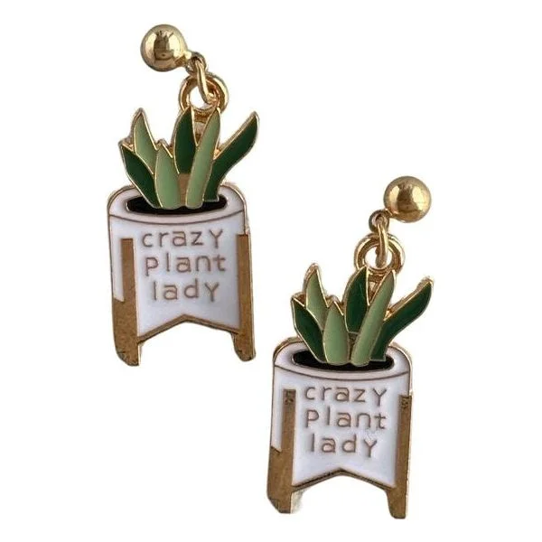 Drop Earrings with Embossed Patterns -Crazy Plant Lady Green Earrings