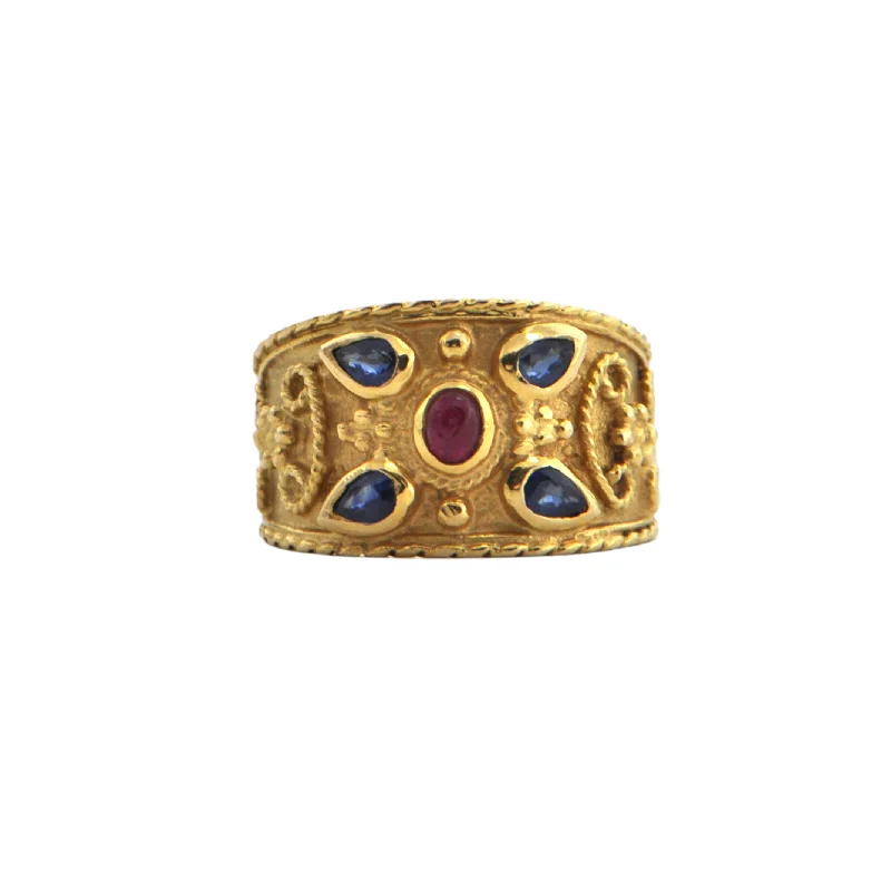 Rings with bold ruby stones for drama -Etruscan Revival Sapphire and Ruby 18k Gold Ring