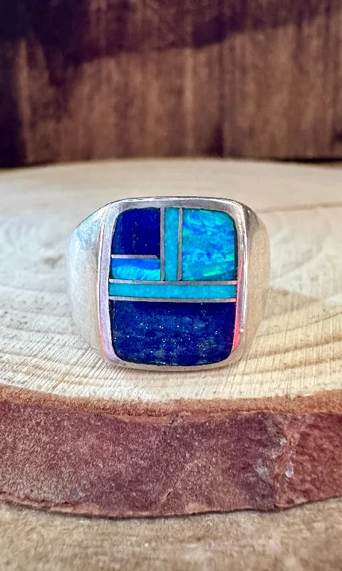 Rings with oxidized silver for antique appeal -DEEP OCEAN Turquoise & Sterling Geometric Inlay Ring Mens • Size 10, 10 1/2