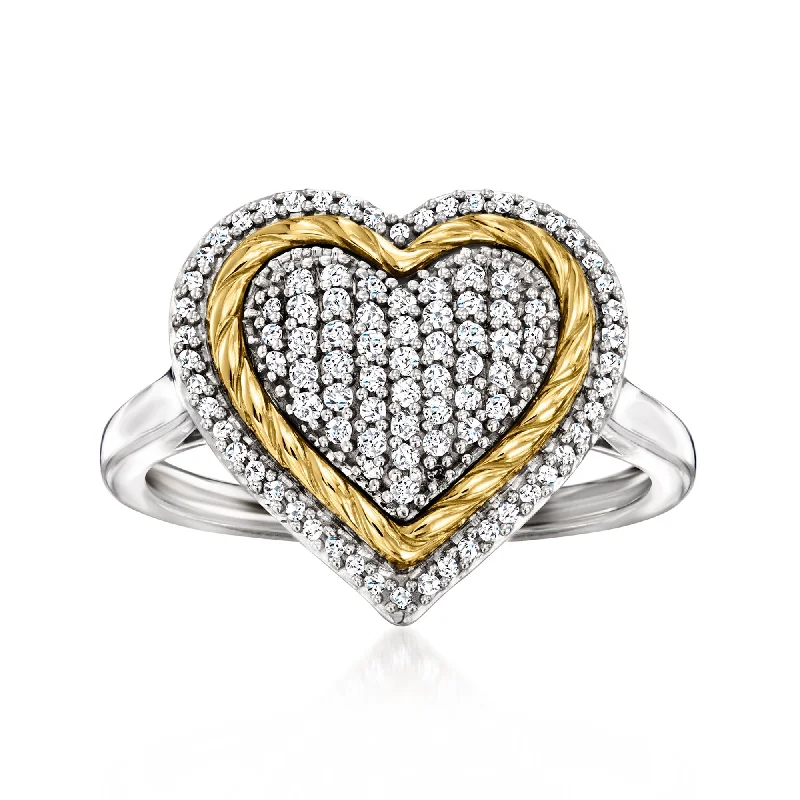 Rings with hematite for sleek metallic sheen -Ross-Simons Pave Diamond Roped Heart Ring in Sterling Silver With 14kt Yellow Gold