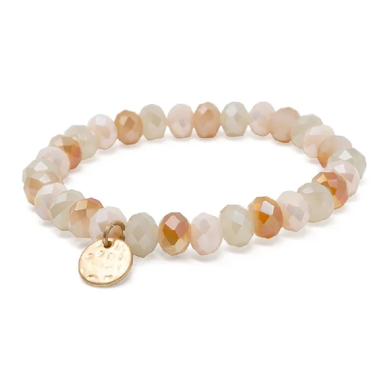 Bangles with natural amber for warm glow -Cream/Peach Glass Bead Bracelet with Disc Charm Gold Tone