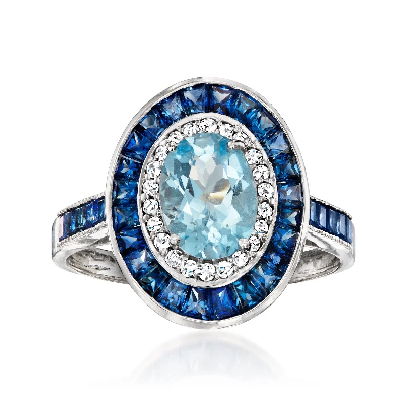 Rings with adjustable bands for perfect fit -Ross-Simons Aquamarine and Sapphire Ring With . Diamonds in 14kt White Gold