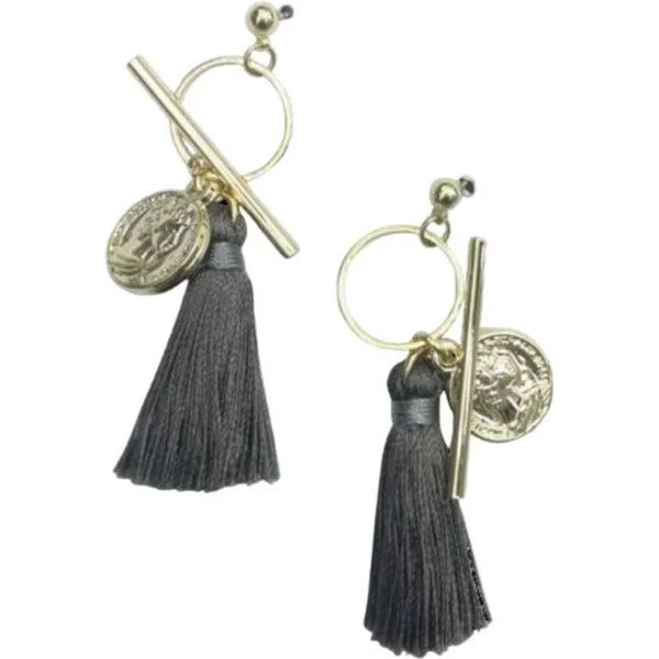 Vintage Drop Earrings with Patina -Coin Grey Tassel Earrings