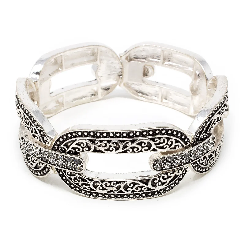 Bangles with mandala engravings for mindfulness -Stretch Bracelet Filigree Links CZ Silver Tone