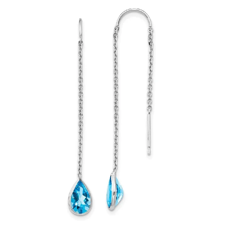 Best hoop earrings with marbled designs for a trendy and artistic effect-14k White Gold Blue Topaz Pear Bezel Threader Earrings (L-45 mm, W-5 mm)